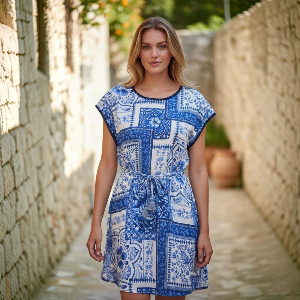 Johnny Was Tunic S Midi Dress White Blue Sleeveless Cotton Floral Round Neck